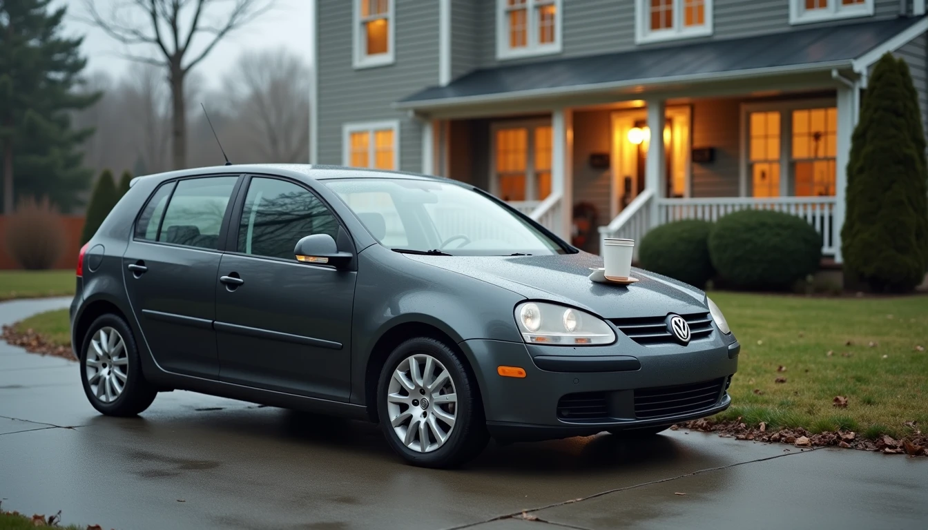 Dark gray hatchback parked in driveway on cloudy morning with coffee cup on roof and house porch light on