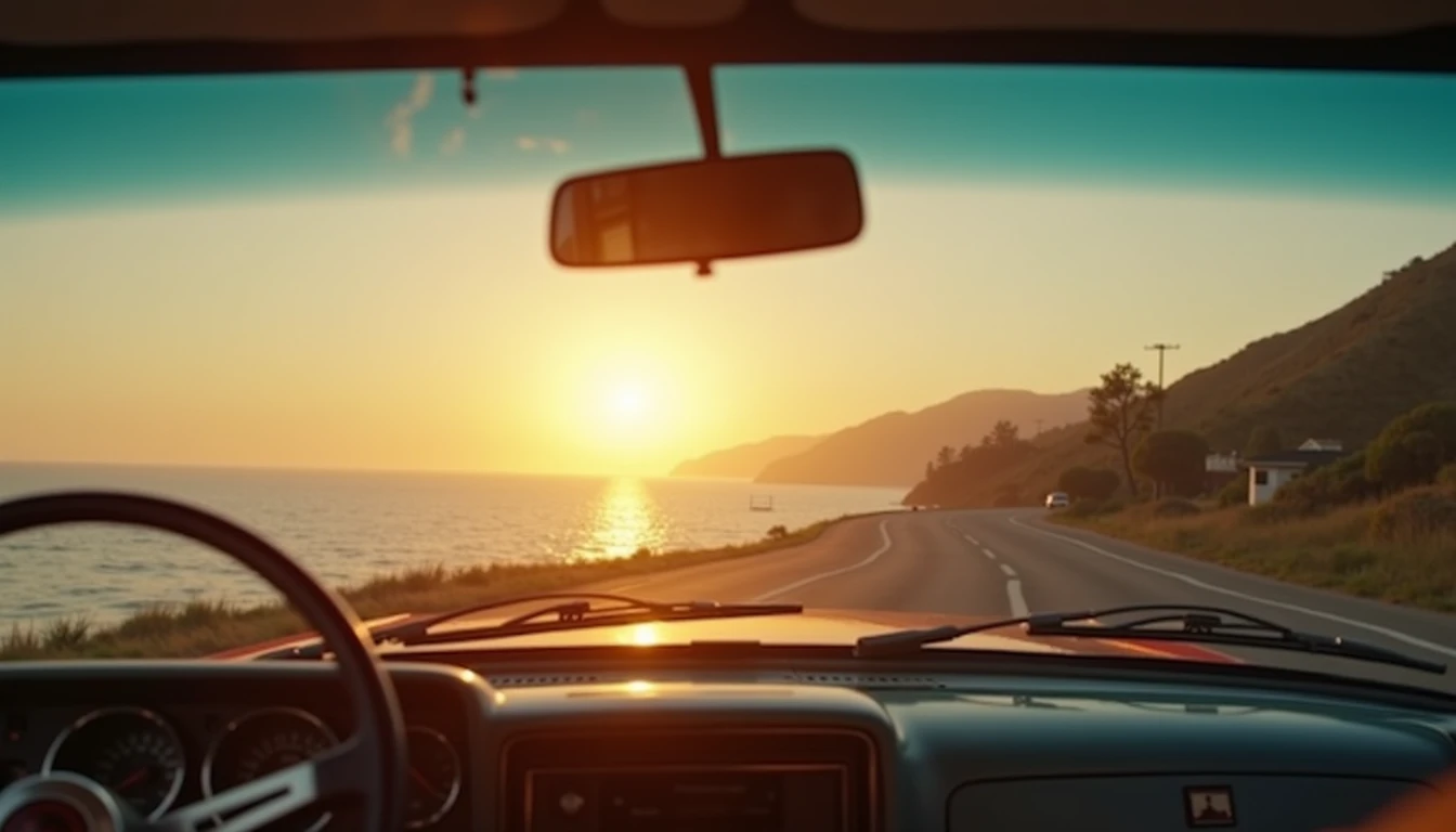 View through old car windshield at coastal sunset with dashboard edge visible