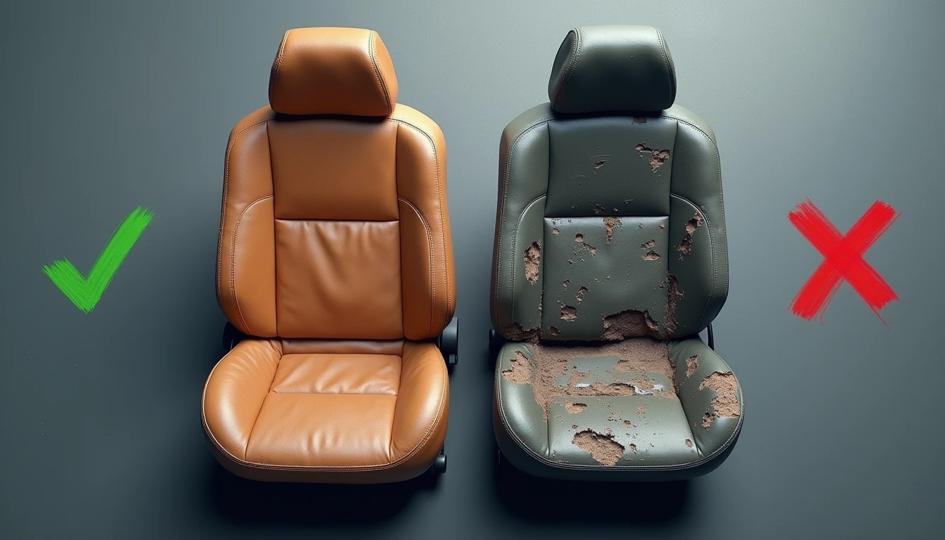 Worn leather seat with patina and green check on left and torn stained seat with red X on right