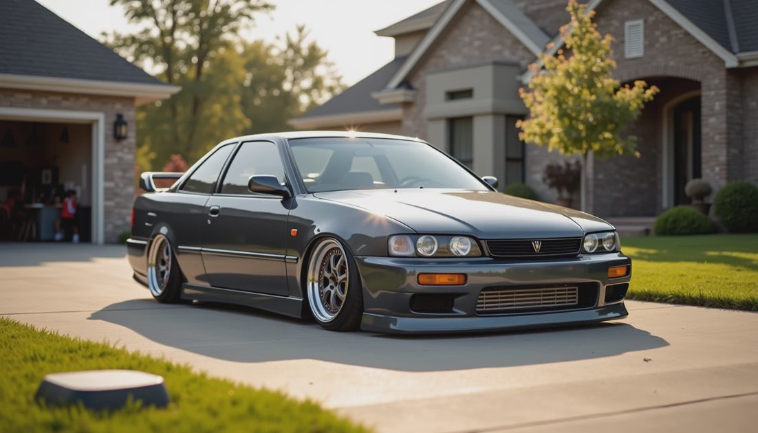 Lower It Just Enough to Help Not to Hurt Dark gray coupe parked in driveway with subtle lowered height and speed bump visible with clearance