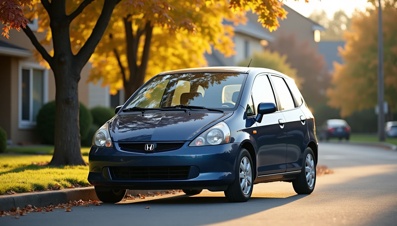 Ten year old blue hatchback parked on residential street with autumn tree background