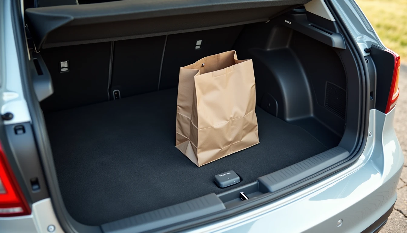 Open car trunk with no spare tire plug kit and compressor in corner and grocery bag inside