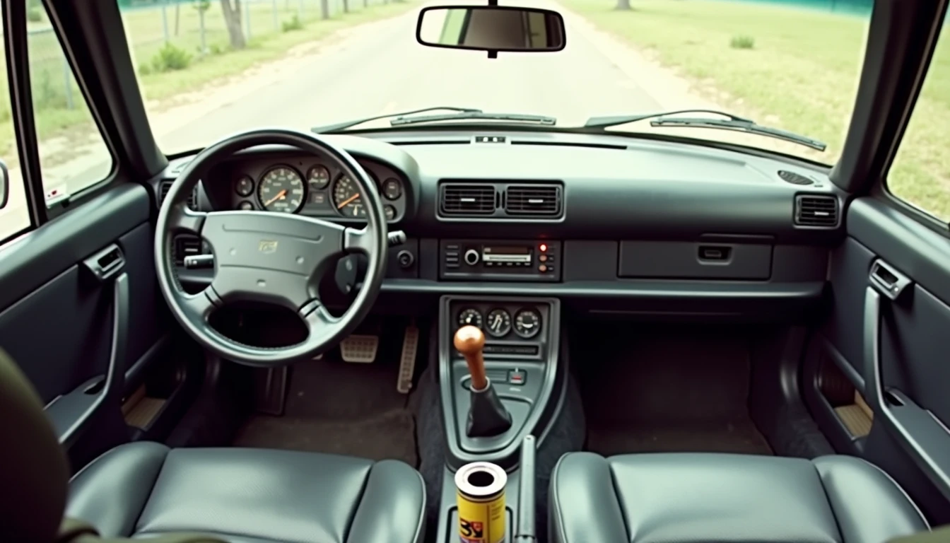 1990s coupe interior with three pedals shift knob and no screen with film roll on passenger seat