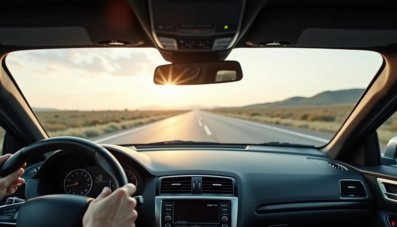 View from inside coupe looking out over long hood with raked windshield and open road ahead