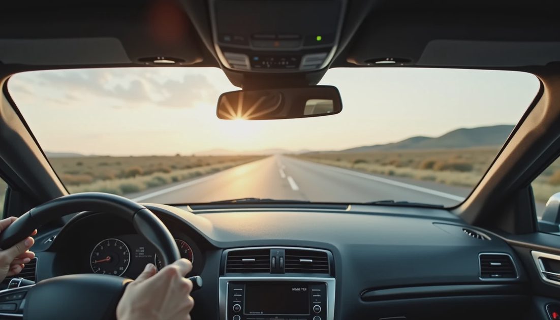 Low Seat Long Hood You Feel Wrapped In the Car View from inside coupe looking out over long hood with raked windshield and open road ahead