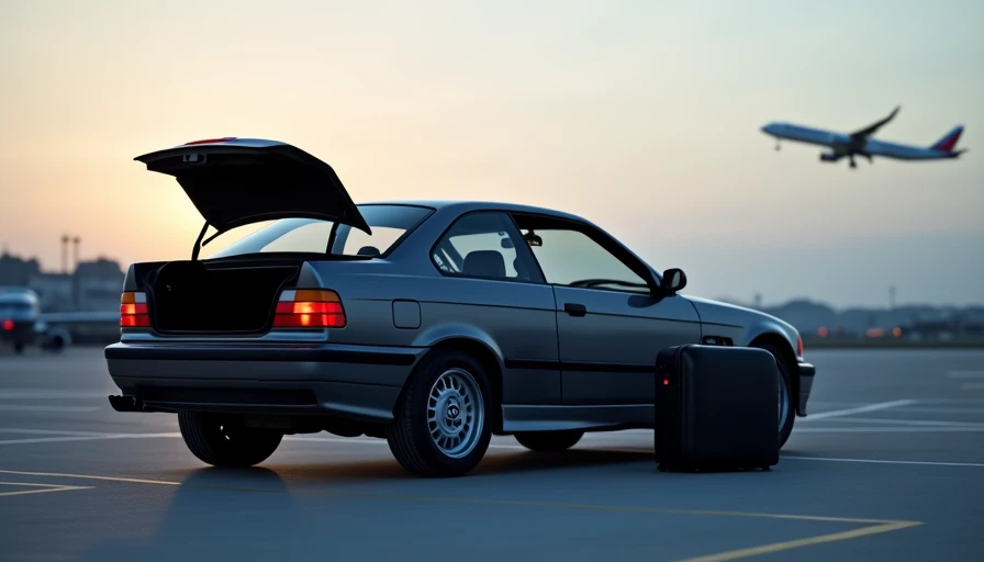 Dark grey coupe parked in empty airport lot at dawn with suitcase next to trunk and plane taking off