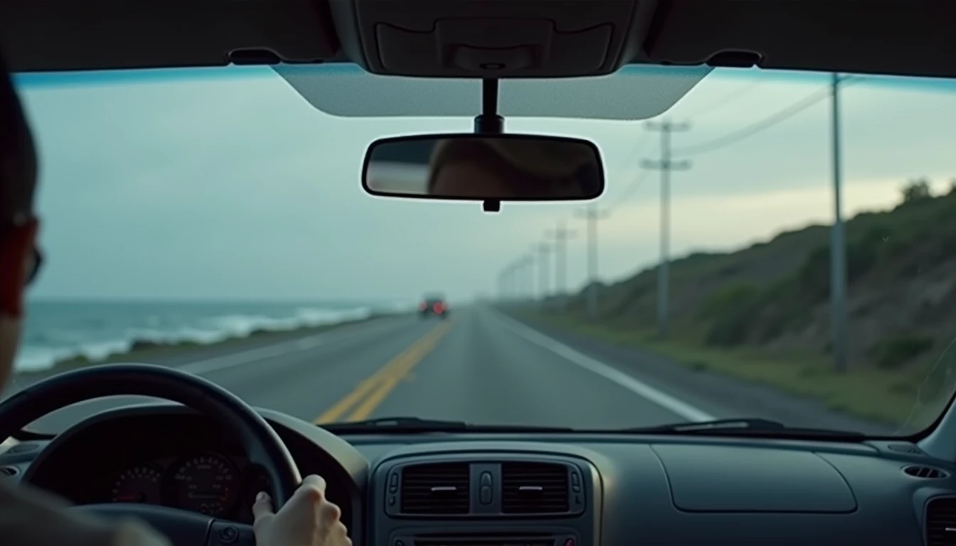 View through daily driver windshield at coastal road at dusk with ocean in distance