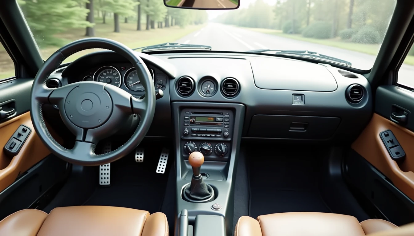 1990s Mazda Miata interior with simple dashboard three pedals shifter and no screen