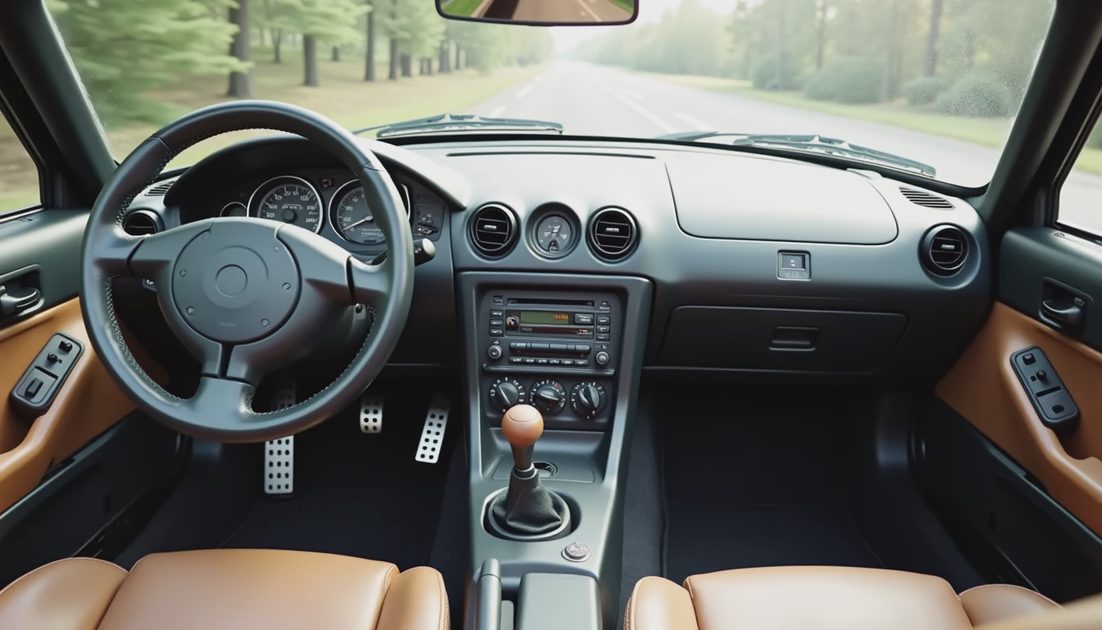 No Screen No Distractions Just Driving 1990s Mazda Miata interior with simple dashboard three pedals shifter and no screen