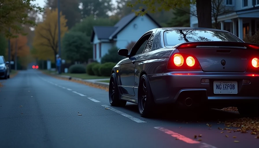 Sports coupe with oversized exhaust parked on quiet residential street with baby sign in house window