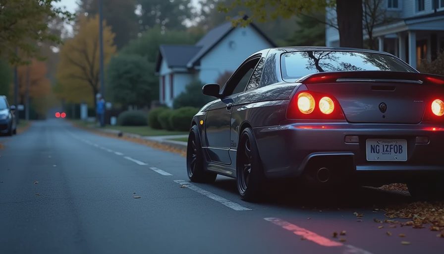 Your Neighbors Don't Think Your Exhaust Is Cool They Think You're Annoying Sports coupe with oversized exhaust parked on quiet residential street with baby sign in house window