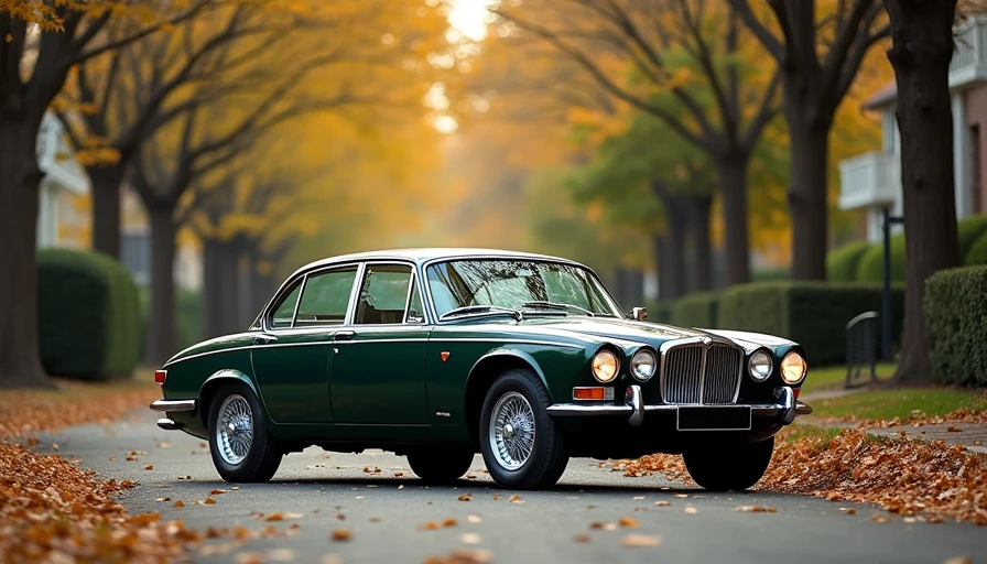 Dark green classic Jaguar XJ sedan parked on tree-lined street with autumn leaves on ground