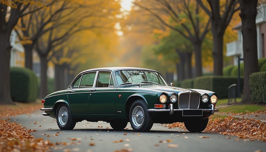 Dark green classic Jaguar XJ sedan parked on tree-lined street with autumn leaves on ground