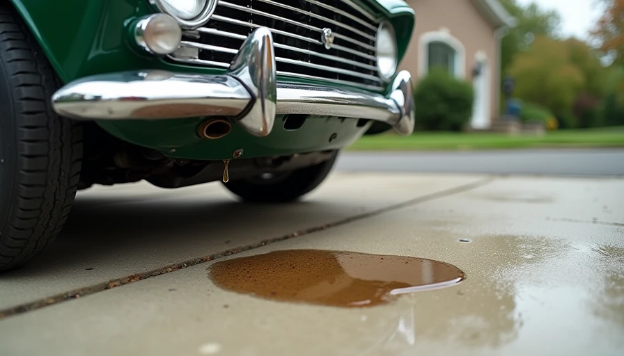 Green classic British sports car parked on driveway with fresh oil stain and drip under engine