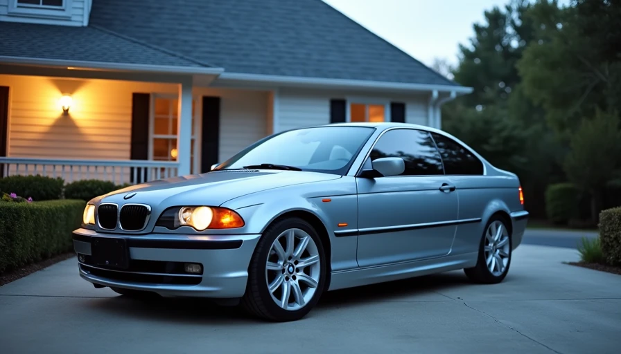 Silver BMW E46 coupe parked in driveway at dusk with porch light on in background
