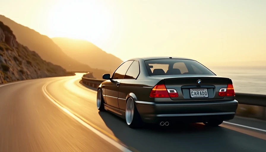 Dark gray coupe tastefully lowered driving on smooth coastal road at golden hour no lean