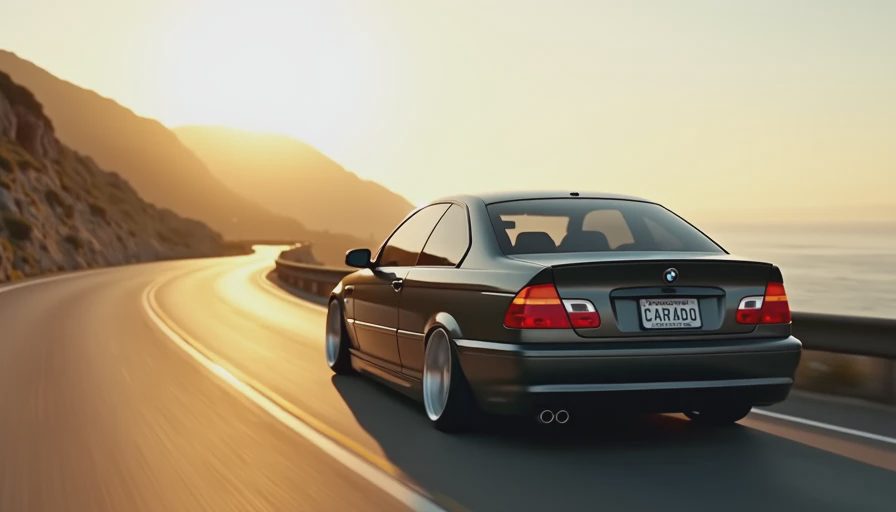 Dark gray coupe tastefully lowered driving on smooth coastal road at golden hour no lean