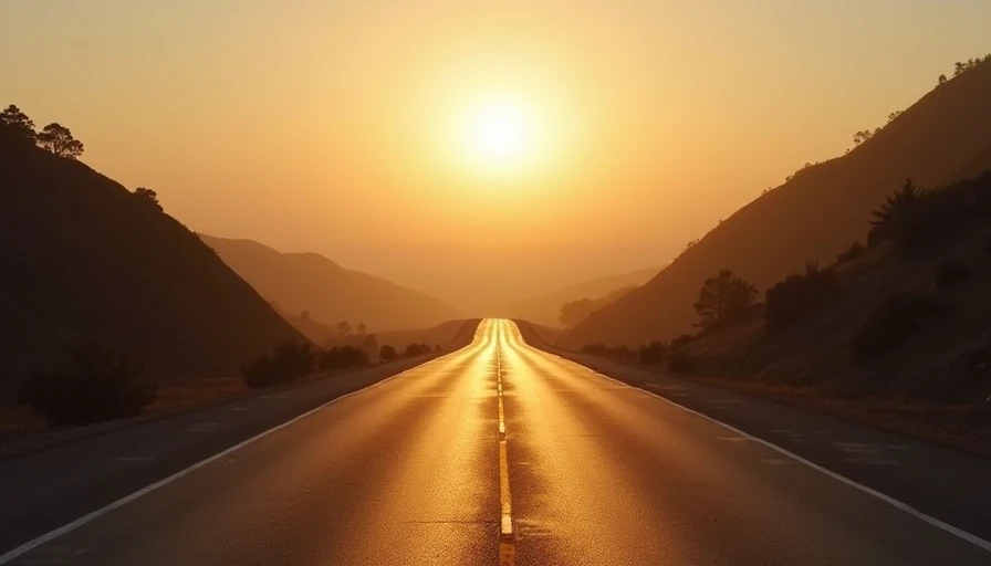 Empty two lane mountain road at sunrise golden light damp asphalt coastal hills background
