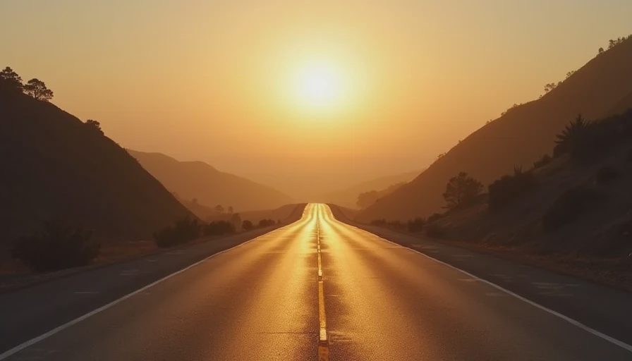 The Drive I Think About in Traffic Empty two lane mountain road at sunrise golden light damp asphalt coastal hills background